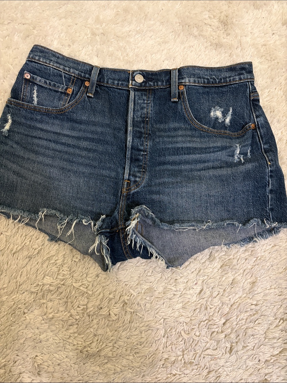 Levi 501 Dark Blue Distressed Denim Cutoff Shorts